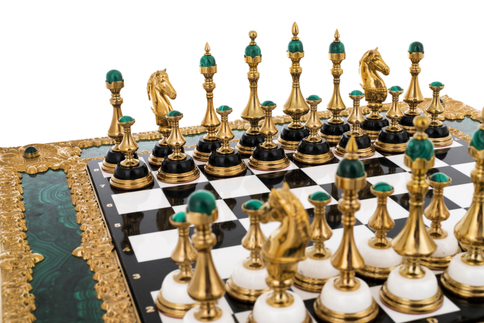 Chess made of white marble and malachite "Royal"