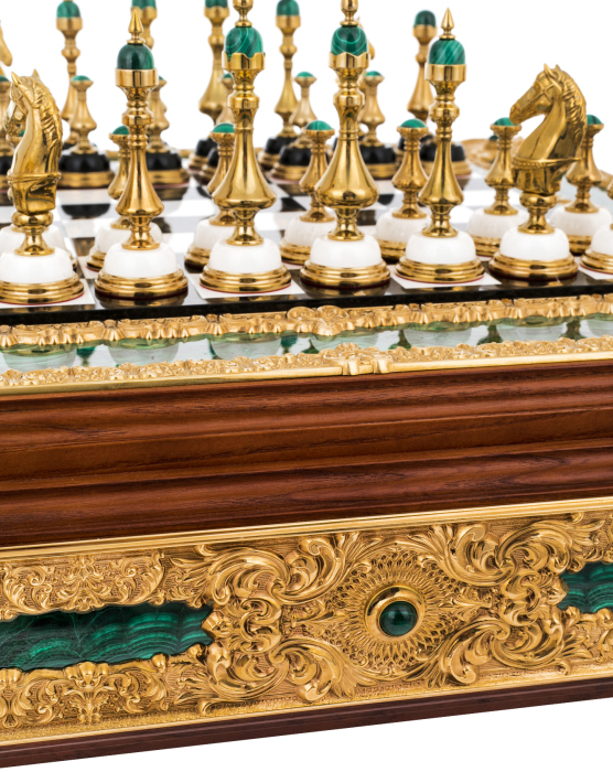 Chess made of white marble and malachite "Royal"
