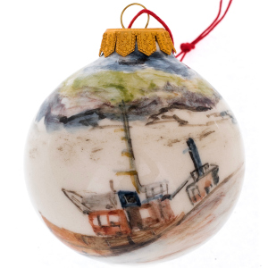 Christmas ball made of porcelain "Polar region: bear, ship"
