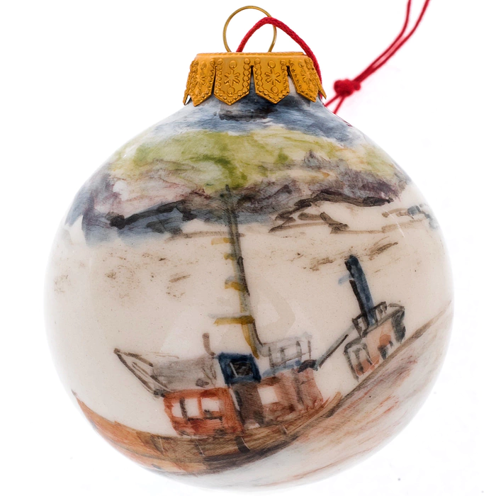 Christmas ball made of porcelain "Polar region: bear, ship"