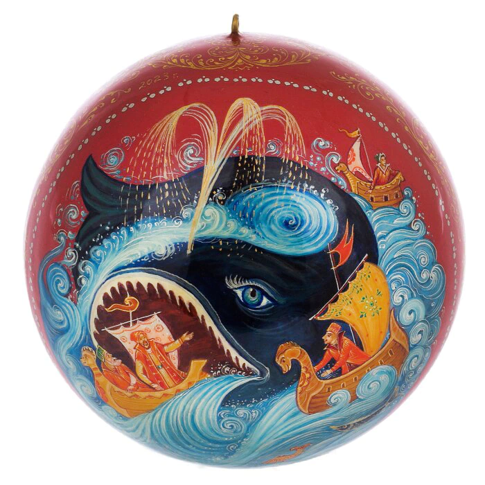 A set of wooden Christmas tree balls "Palekh fairy tales" in a gift box