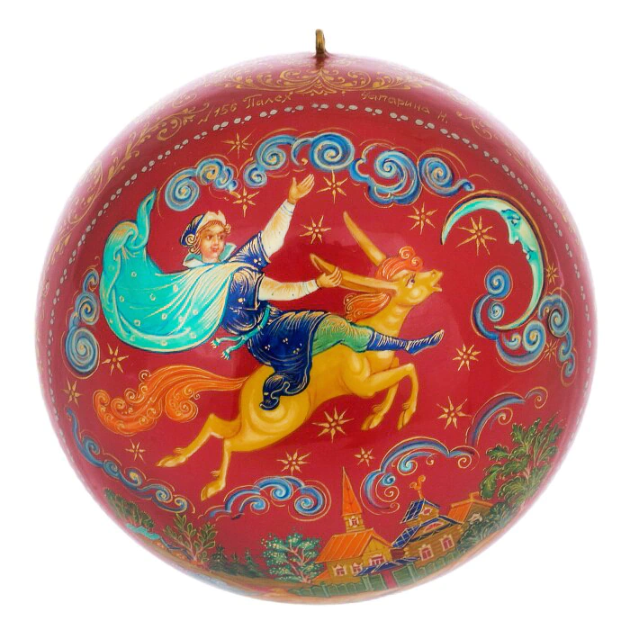 A set of wooden Christmas tree balls "Palekh fairy tales" in a gift box