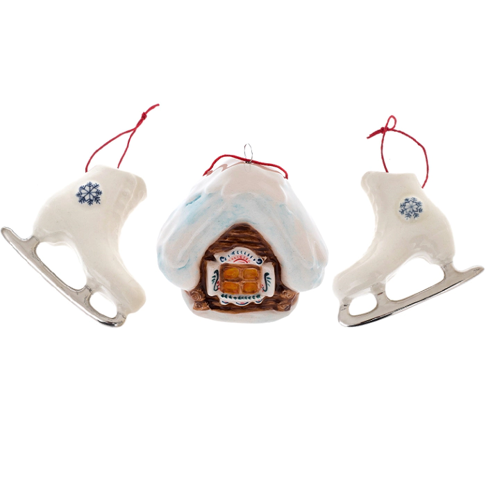 A set of porcelain Christmas tree toys "Hut with skates" in a gift box