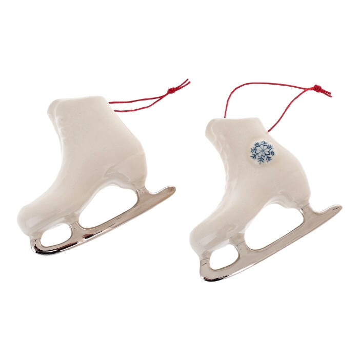 A set of porcelain Christmas tree toys "Hut with skates" in a gift box