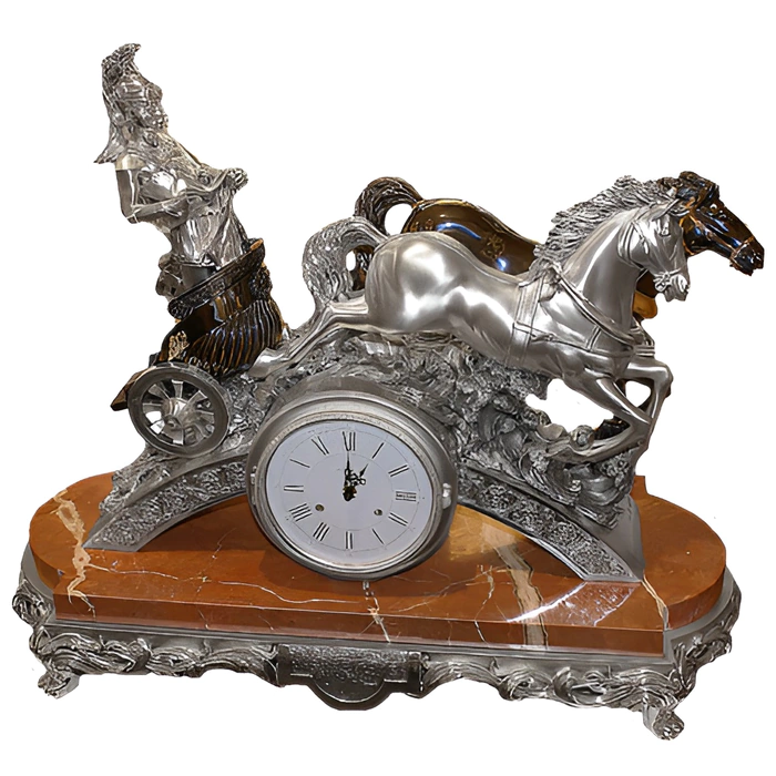 Chariot clock on a marble stand