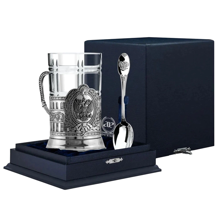 Silver cup holder "Coat of Arms of Russia" with blackening