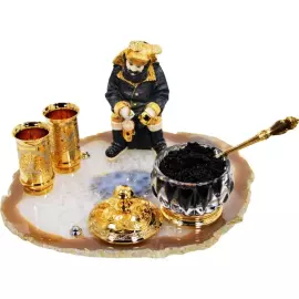 Икорница на агате "Зимняя рыбалка" со стопками, Златоуст