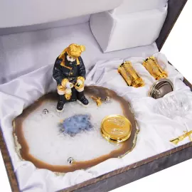 Икорница на агате "Зимняя рыбалка" со стопками, Златоуст