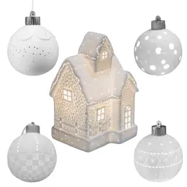 Набор фарфоровых светящихся елочных шаров со светильником "Пряничный домик"