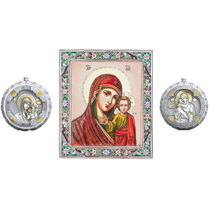 Gift set with balls and icon of the Kazan Mother of God made of silver, 2 balls
