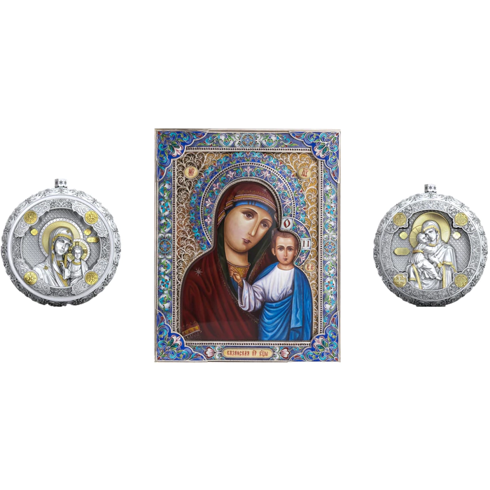Gift set with balls and icon "Mother of God of Kazan" made of silver, 2 balls