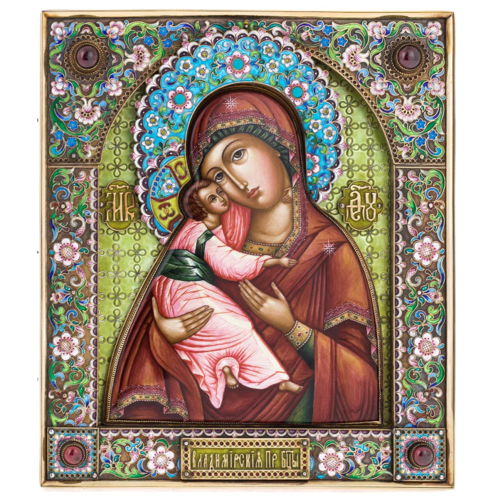 Gift set with balls and the icon "Mother of God of Vladimir" made of silver, 4 balls