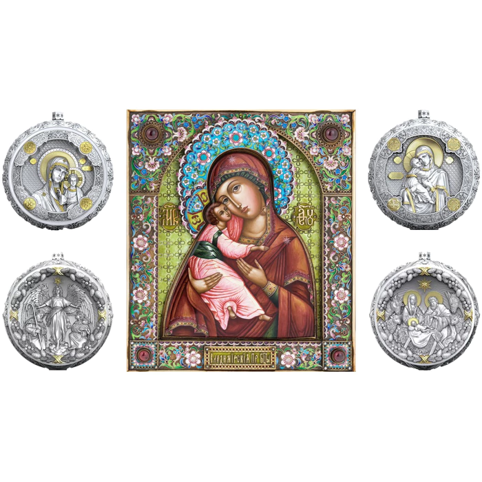 Gift set with balls and the icon "Mother of God of Vladimir" made of silver, 4 balls