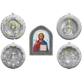 Набор подарочный с шарами и иконой "Спаситель" из серебра, 4 шара
