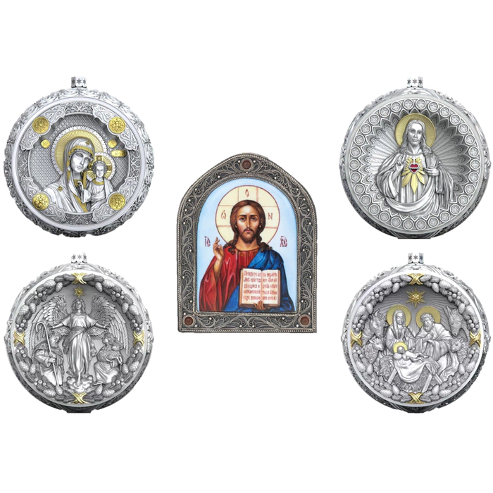 Gift set with balls and the icon "Savior" made of silver, 4 balls