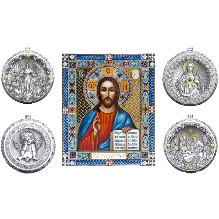 Gift set with balloons and the icon "Savior. Jesus Christ" made of silver, 4 balls