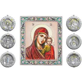 Набор подарочный с шарами и иконой "Казанская Богоматерь в красном" из серебра, 6 шаров