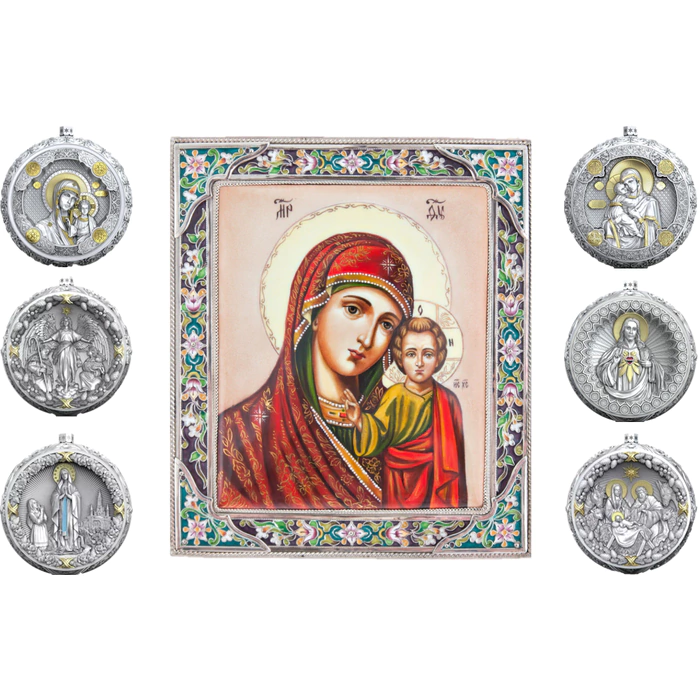 Gift set with balls and the icon "Our Lady of Kazan in red" made of silver, 6 balls