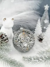 Набор подарочный с шарами и иконой "Казанская Богоматерь в красном" из серебра, 6 шаров