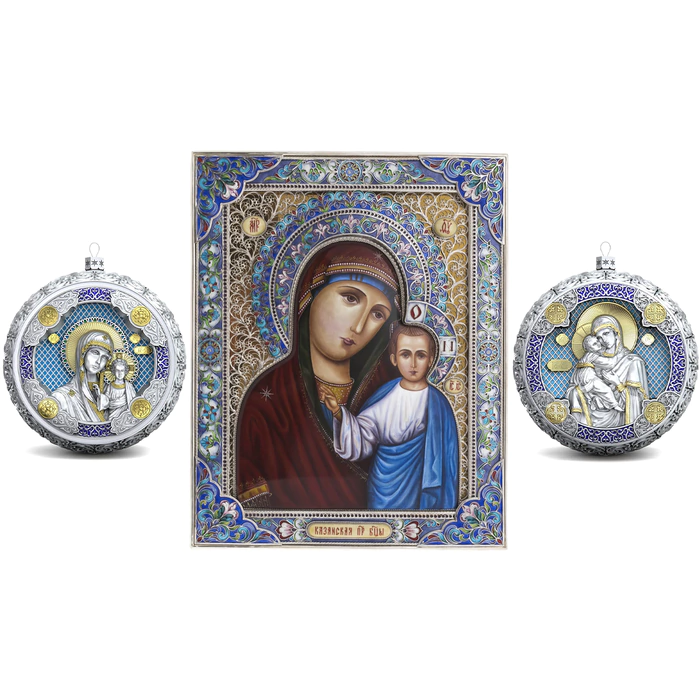 Gift set with balls and icon "Kazan Mother of God" made of silver, 2 balls