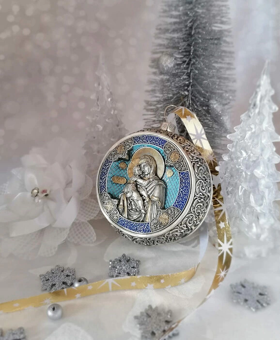 Gift set with balls and icon "Kazan Mother of God" made of silver, 2 balls