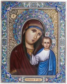 Набор подарочный с шарами и иконой "Казанская Божья Матерь" из серебра, 2 шара