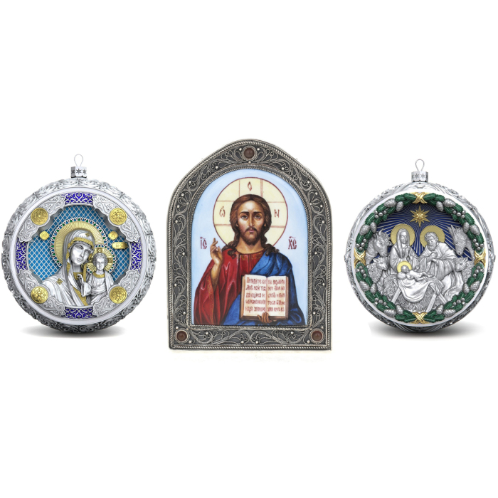Набор подарочный с шарами и иконой "Иисус Спаситель " из серебра, 2 шара