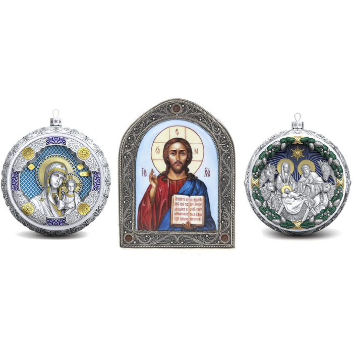 Gift set with balls and the icon "Jesus the Savior" made of silver, 2 balls