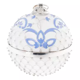 Ювелирный елочный шар "Белая сетка" с голубой вставкой