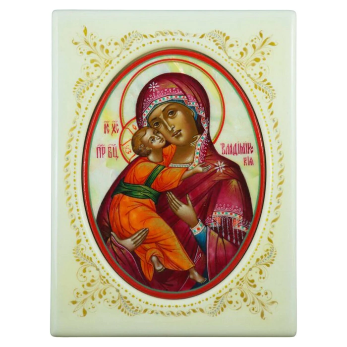 Mother-of-pearl icon "Our Lady of Vladimir" in a white frame