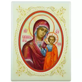 Икона с перламутром "Казанская Богоматерь" в белой раме