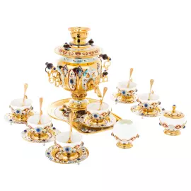 Чайный набор с самоваром "Гжель" с лазуритом, на 6 персон, Златоуст