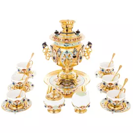 Чайный набор с самоваром "Гжель" с лазуритом, на 6 персон, Златоуст