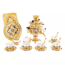 Чайный набор с самоваром "Гжель" с лазуритом, на 6 персон, Златоуст