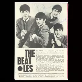 Magazine sheet with 4 autographs of The Beatles: John Lennon, Paul McCartney, George Harrison and Ringo Starr