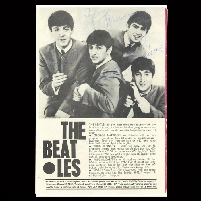 Magazine sheet with 4 autographs of The Beatles: John Lennon, Paul McCartney, George Harrison and Ringo Starr
