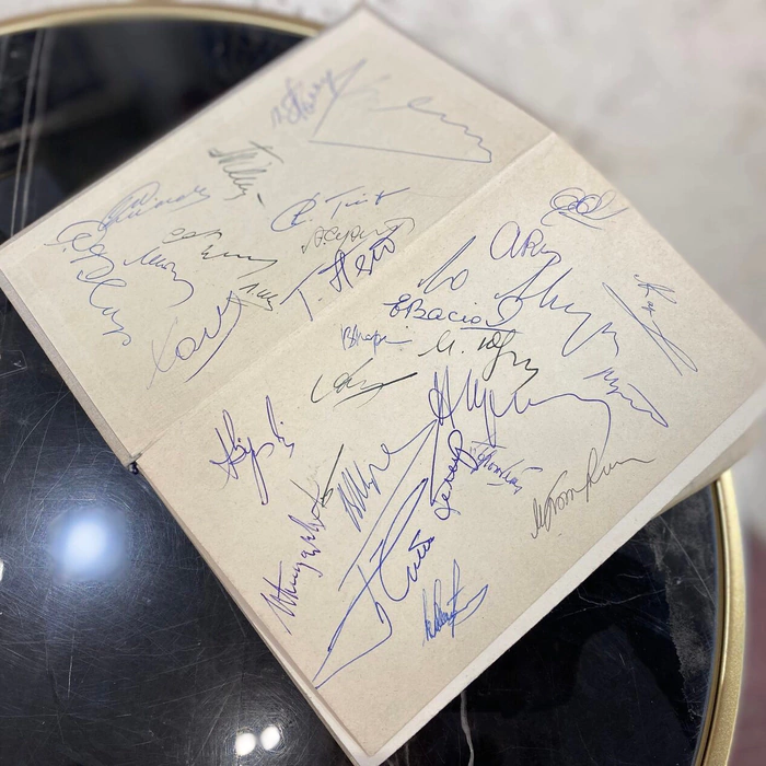 A book with autographs by chess players Mikhail Botvinnik, Anatoly Karpov, Tigran Petrosyan, Max Euwe, Mark Taimanov and others