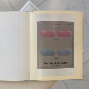 A book with a handwritten wish, drawing and autograph by artist Damien Hirst