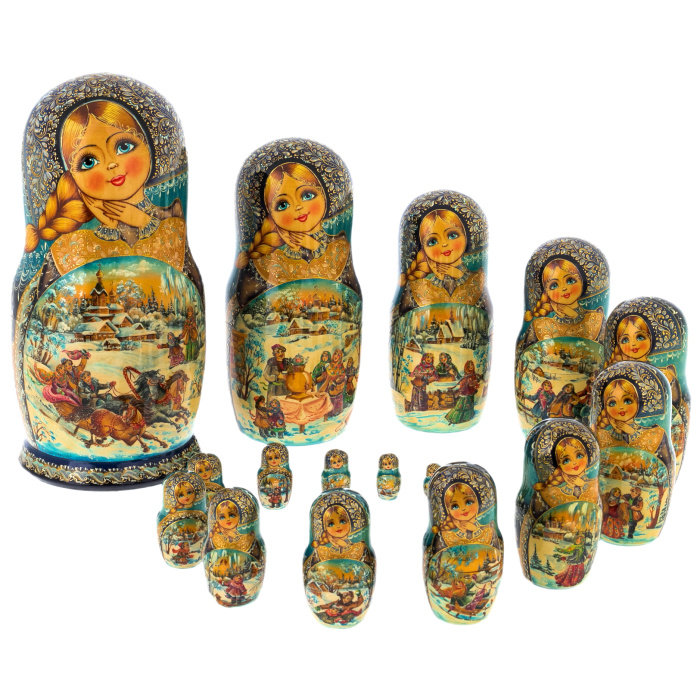 Matryoshka doll for 20 seats "Winter three. Blue handkerchief" (34 cm)