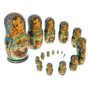 Matryoshka doll for 20 seats "Winter three. Blue handkerchief" (34 cm)