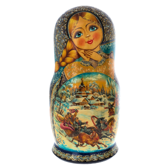 Matryoshka doll for 20 seats "Winter three. Blue handkerchief" (34 cm)