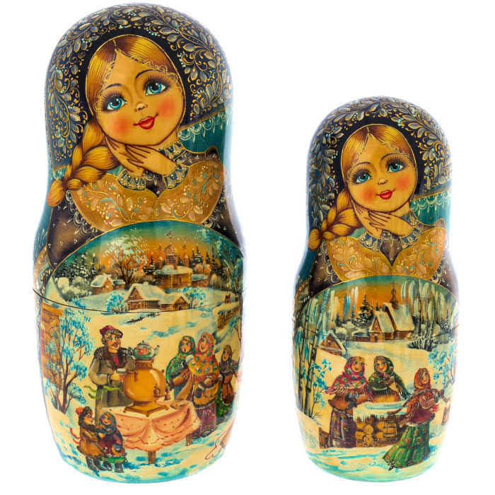 Matryoshka doll for 20 seats "Winter three. Blue handkerchief" (34 cm)
