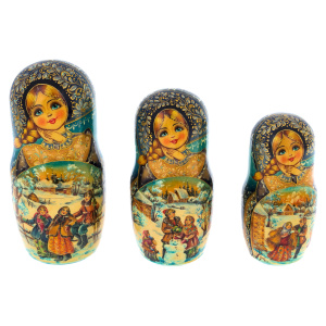 Matryoshka doll for 20 seats "Winter three. Blue handkerchief" (34 cm)