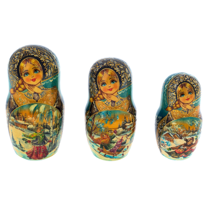 Matryoshka doll for 20 seats "Winter three. Blue handkerchief" (34 cm)