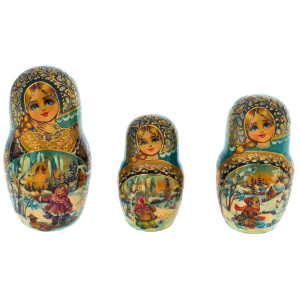 Matryoshka doll for 20 seats "Winter three. Blue handkerchief" (34 cm)