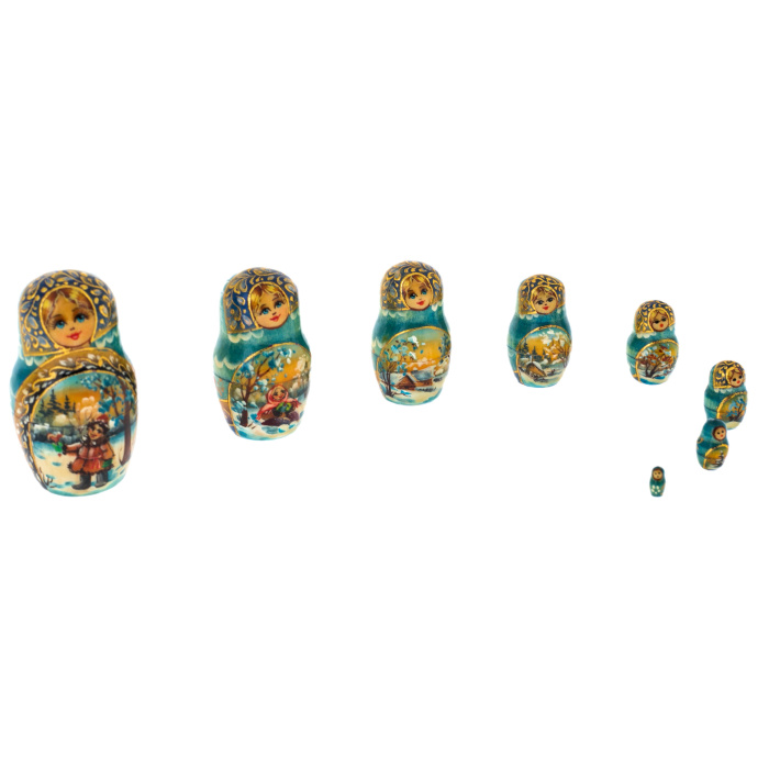 Matryoshka doll for 20 seats "Winter three. Blue handkerchief" (34 cm)