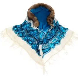 Платок женский утепленный, с окантовкой из меха соболя, бело-голубой Платок женский утепленный, с окантовкой из меха соболя, бело-голубой