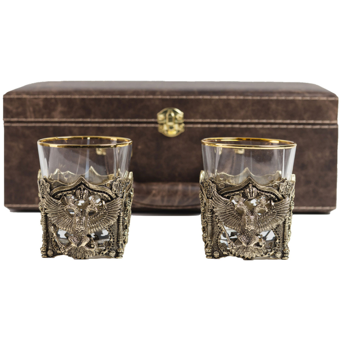 A set of whiskey glasses "Coat of Arms of Russia. VIP" for 2 persons, in a leather case