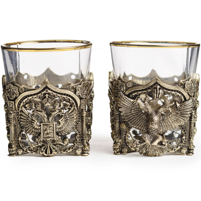 A set of whiskey glasses "Coat of Arms of Russia. VIP" for 2 persons, in a leather case