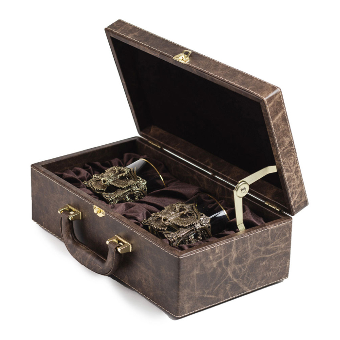 A set of whiskey glasses "Coat of Arms of Russia. VIP" for 2 persons, in a leather case